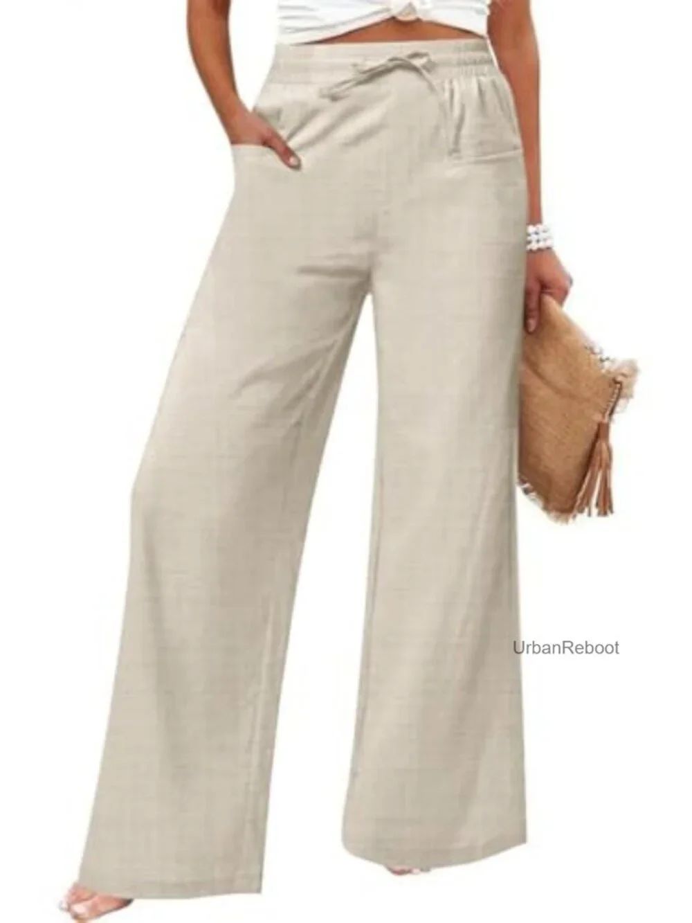 Womens Linen Wide Leg Pants High Waisted Drawstring Palazzo Lounge Pants with